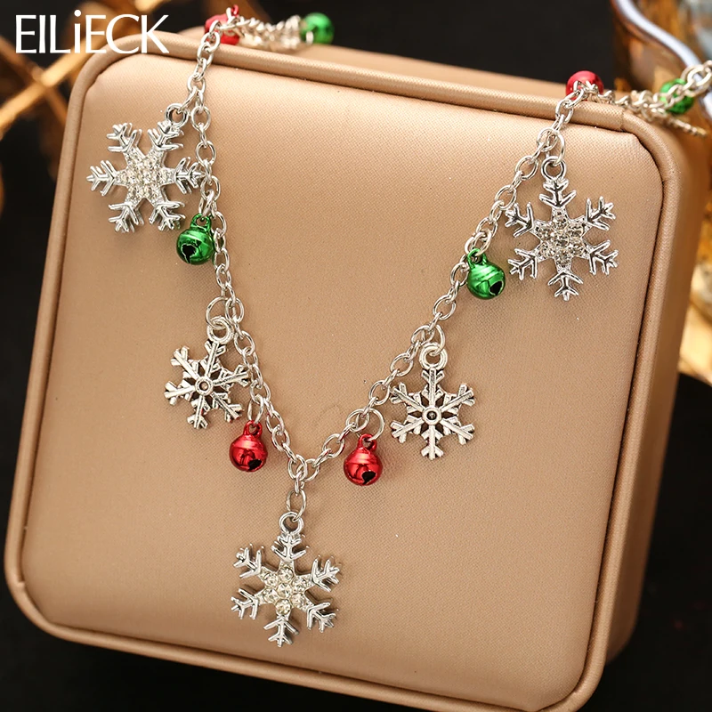 

EILIECK Christmas Silver Color Snowflake Bell Pendant Necklace for Women New Trendy Creative Neck Chain Jewelry Holiday Gift