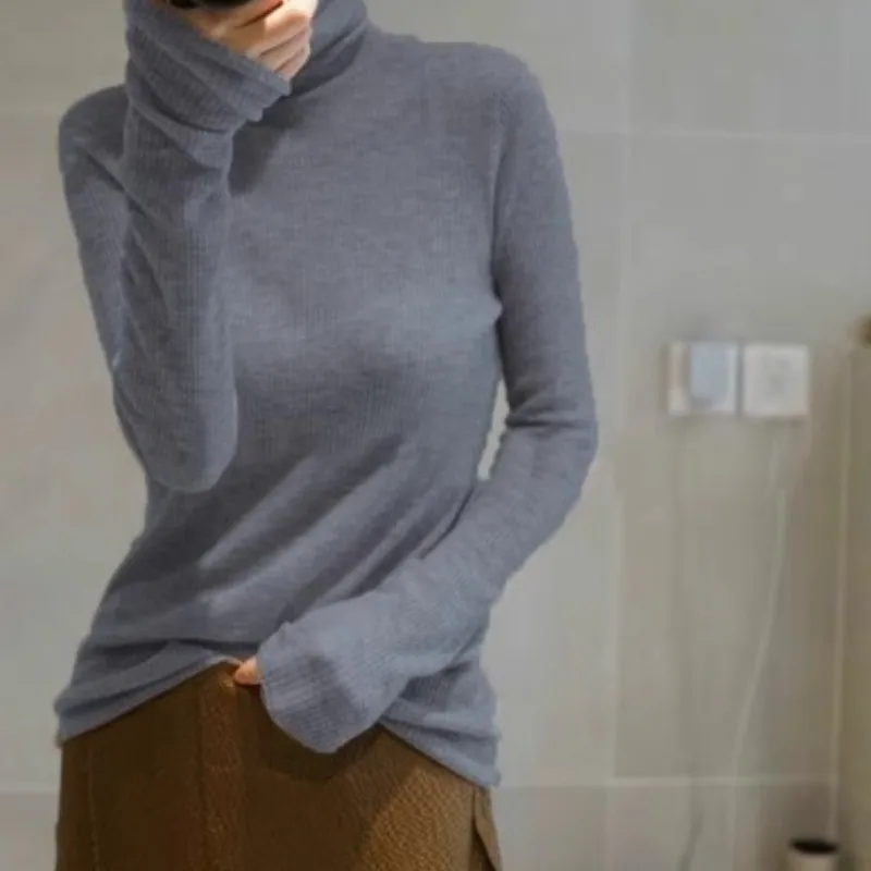 Pull en cachemire micro transparent peigné pour femme, col roulé, slim, pull à base de laine, tricot, automne, hiver, nouveau modèle, 2024