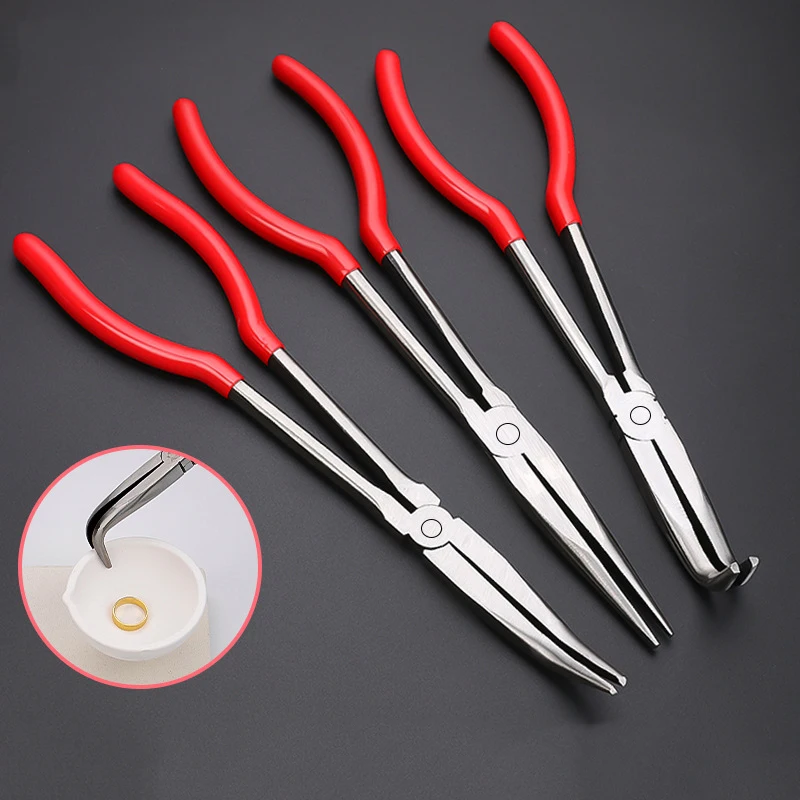 مقبض طويل بوتقة كماشة الكوارتز وعاء ذوبان الذهب لقط أداة طرف منحني 90 ° كماشة الزاوية اليمنى للرأس معدات المجوهرات الذهبية #1