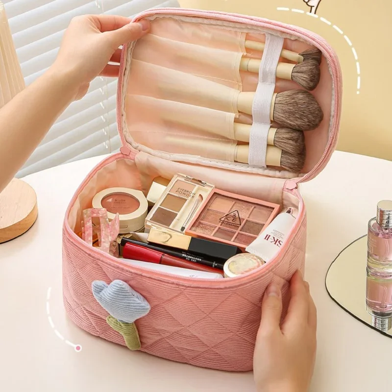 Cute Corduroy Makeup Storage Bag Portable Travel Cosmetic Tulip Pouch Toiletry Organizer Large Capacity Flower Pattern Bags