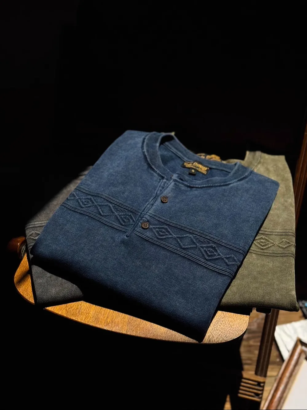 

American retro knitted washed stone mill for old knitted jacquard short-sleeved T-shirt casual slim fit for summer.