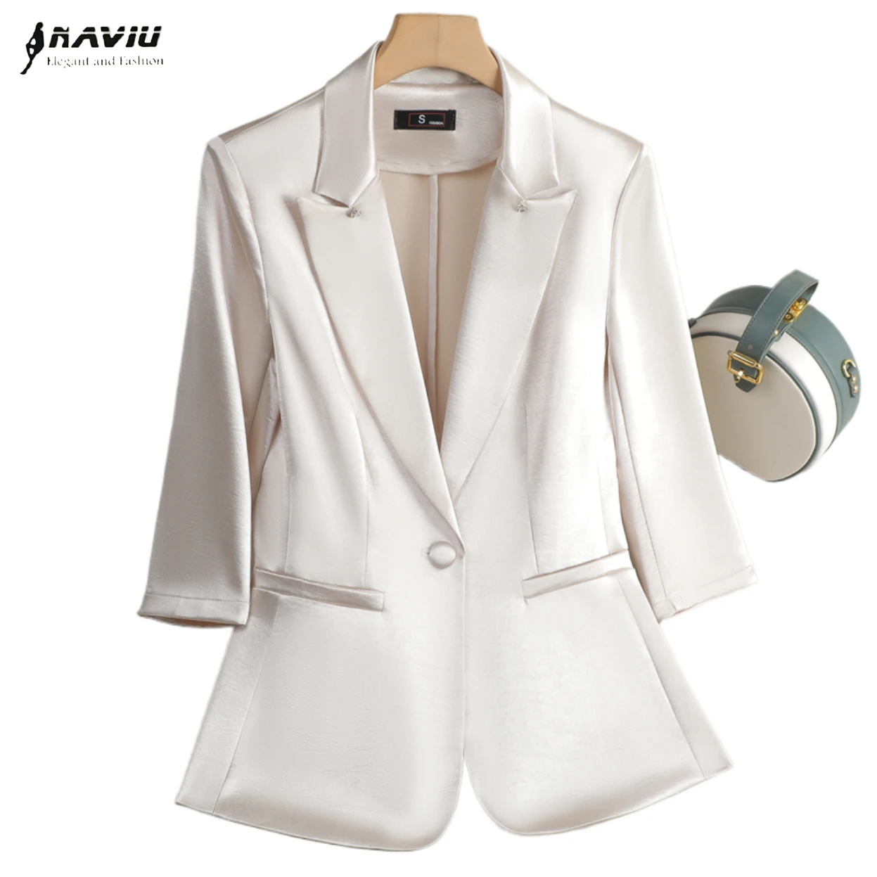 

NAVIU Fashion champagne Color Blazer Women New Spring Summer Half Sleeve Formal Slim Jacket Office Ladies Work Coat