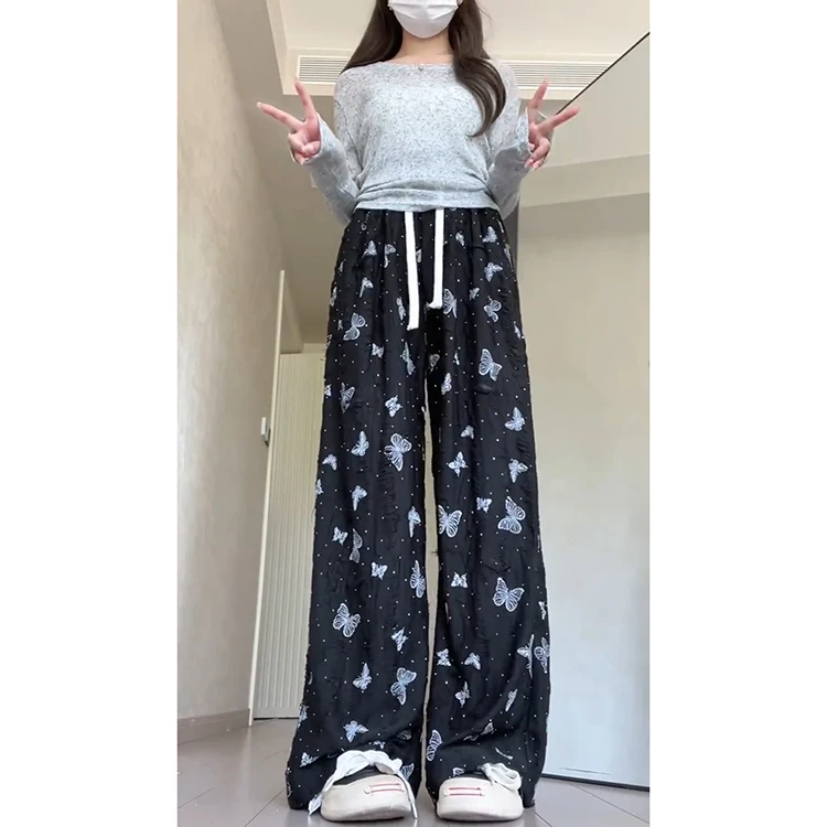 Retro gelo seda calças de perna larga das mulheres verão 2025 novo preguiçoso pequeno fla diamante high-end calças casuais coreano sle