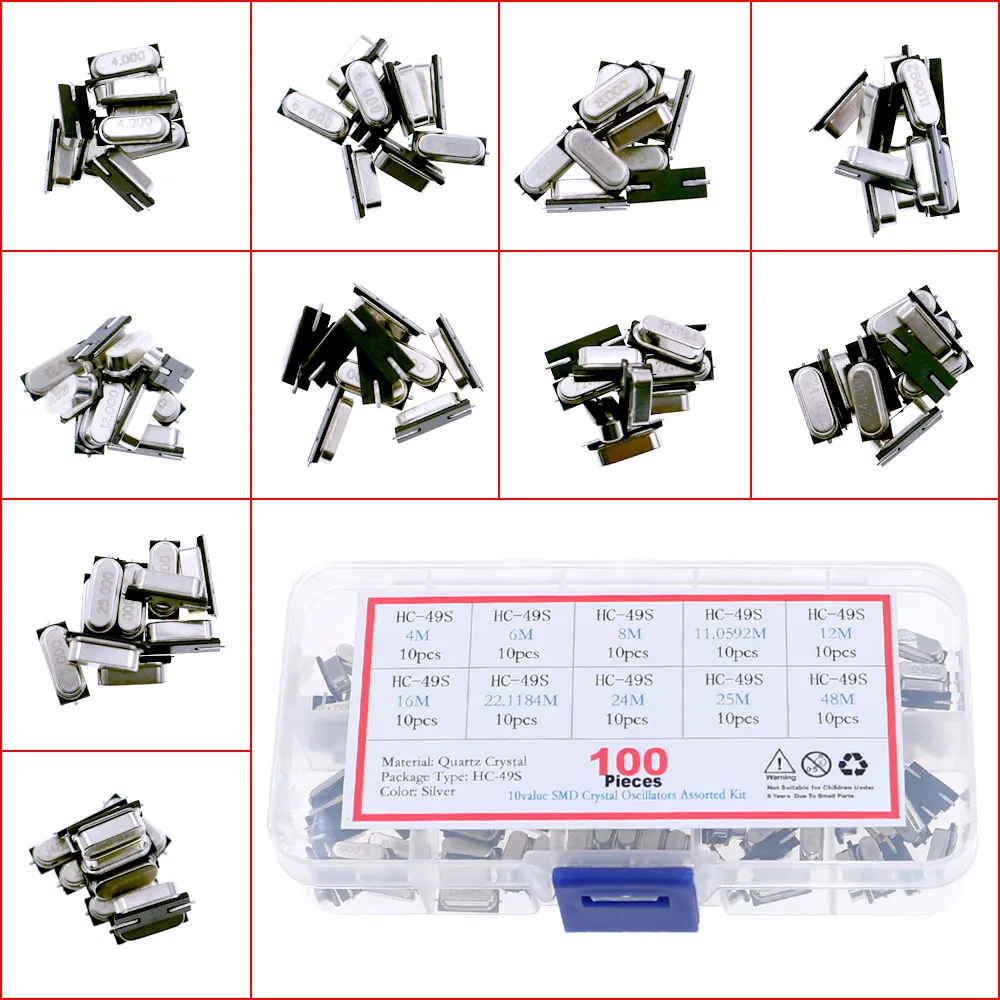 100pcs 10Values HC-49S Quartz Resonator SMD Crystal Oscillator Kit 4MHz 6MHz 8MHz 12MHz 16MHz 24MHz 25MHz 48MHz 2Pin