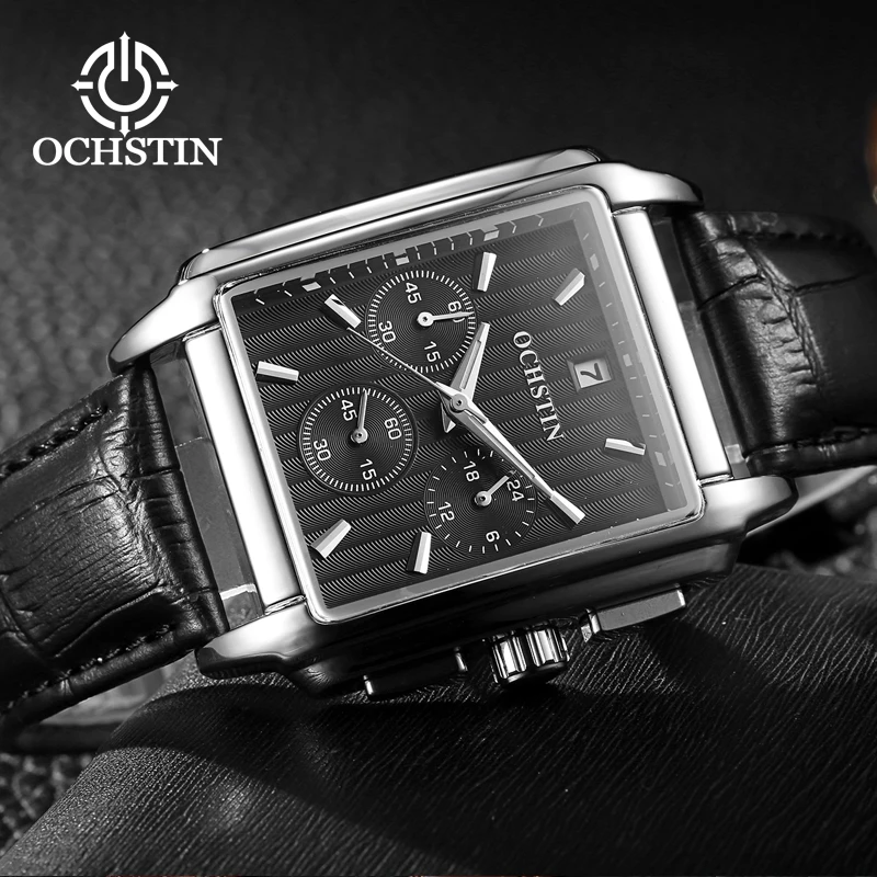 OCHSTIN boîtier carré montres à Quartz hommes bracelet en cuir véritable montre-bracelet homme Commander série étanche mâle montre classique