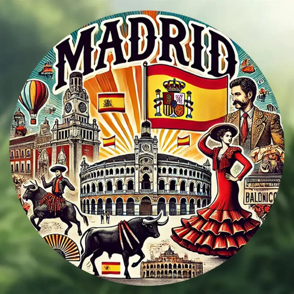 "علامة معدنية مسطحة 2D عتيقة من MADRID: ديكور دائري قابل لإعادة الاستخدام مقاس 8 بوصات - وليمة مرئية لثقافة مدينة مدريد وجذب سياحي | #6