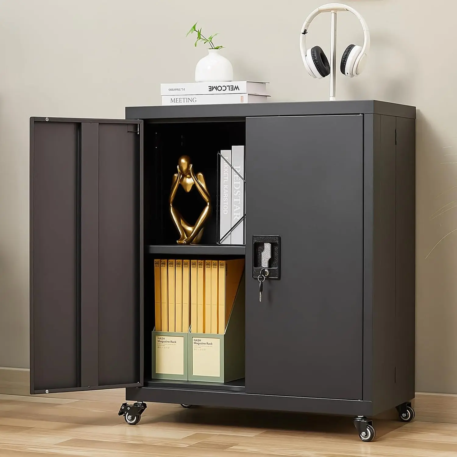 

Metal Storage Cabinet with Wheels,31.5" H Garage Storage Cabinet with Locking Doors and Adjustable Shelves