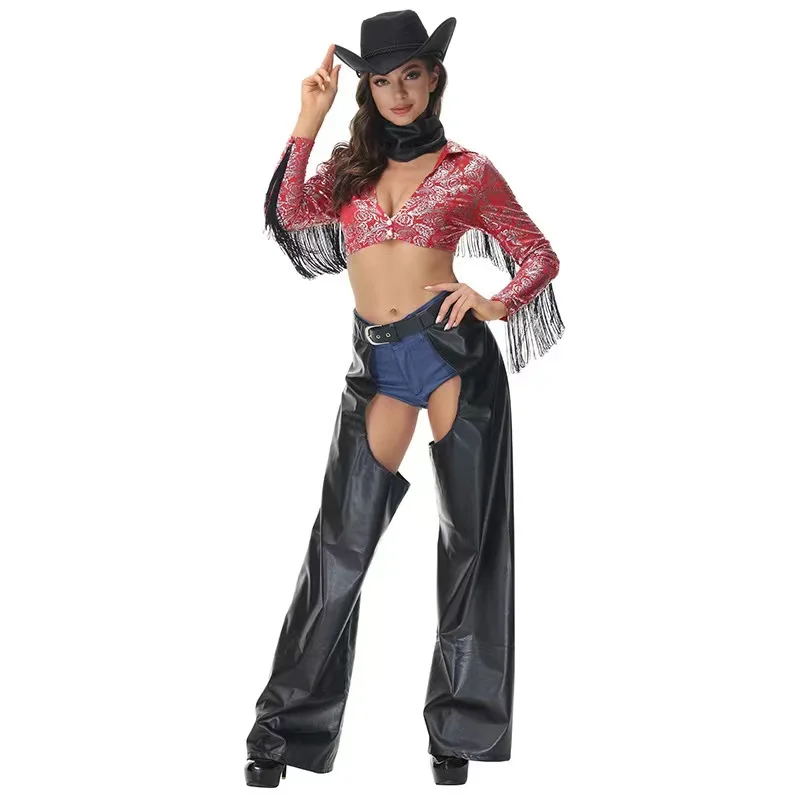 Faux Leather Woman Halloween Cowboy Costumes Female Cowgirl Cosplay Carnival Purim Parade Nightclub Bar Role Playing Party Dress