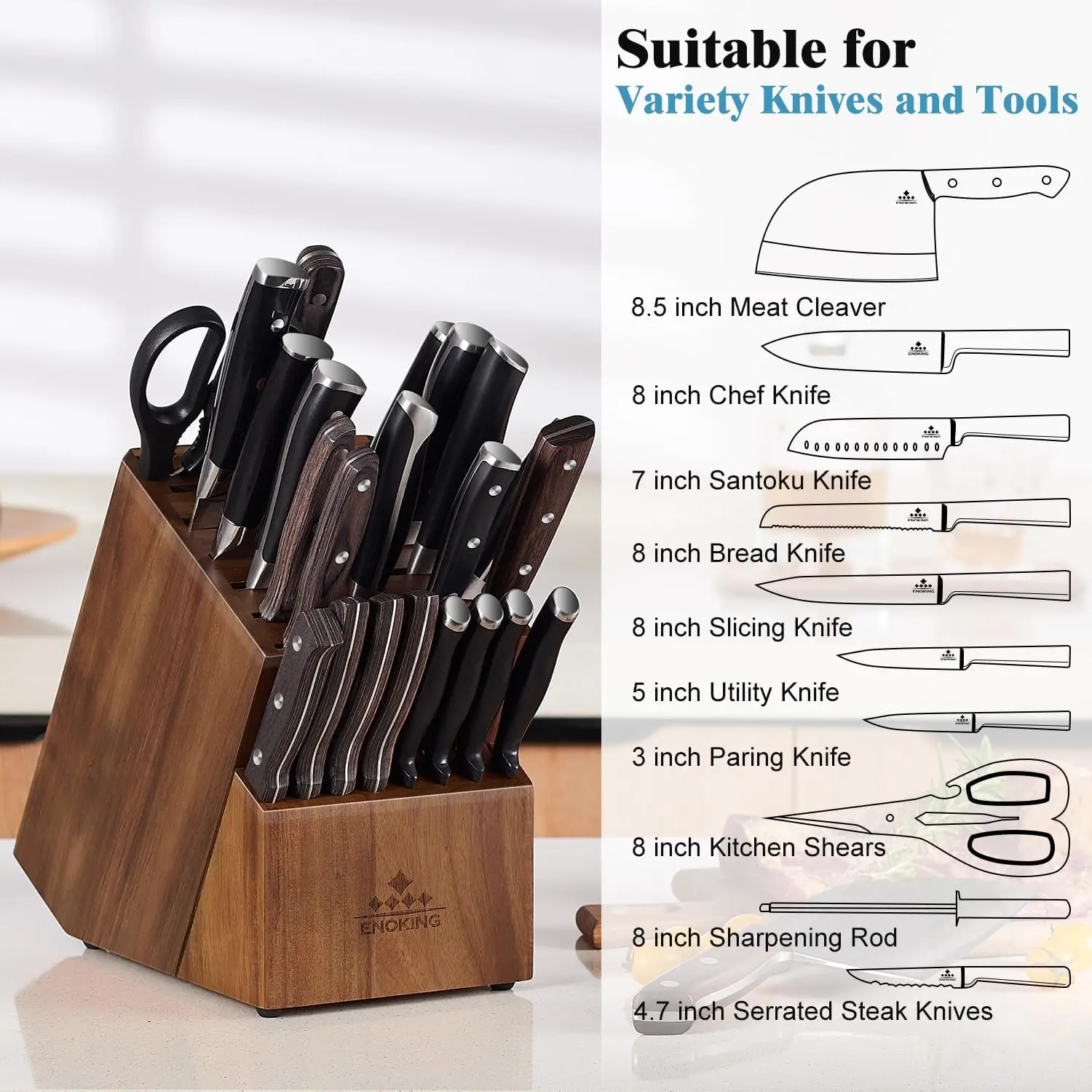 Large Knife Holder- 25 Slots Acacia Wood Universal Knife Block, Butcher Block Countertop for Knife Storage Organizer