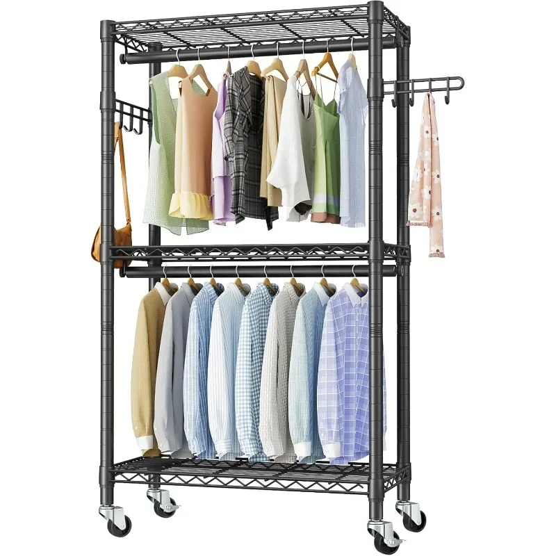 

Сверхмощная вешалка для одежды Вешалка для одежды на колесиках, 3-х уровневые регулируемые проволочные стеллажи Вешалки для одежды для подвешивания одежды
