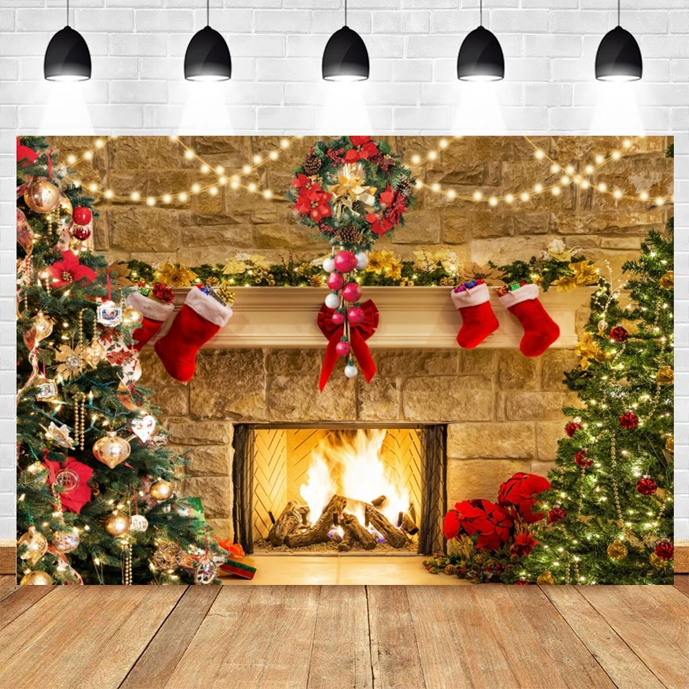 Christmas Fireplace Background for Photography Winter Xmas Wooden Window Tree Gift Party Decor Backdrop Portrait Photo Studio