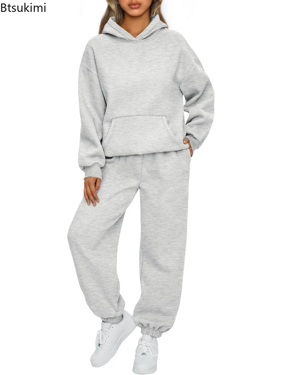 Conjunto de chándal cálido de gran tamaño para mujer, sudaderas con capucha a la moda y pantalones largos, conjunto informal de dos piezas con capucha y jersey liso
