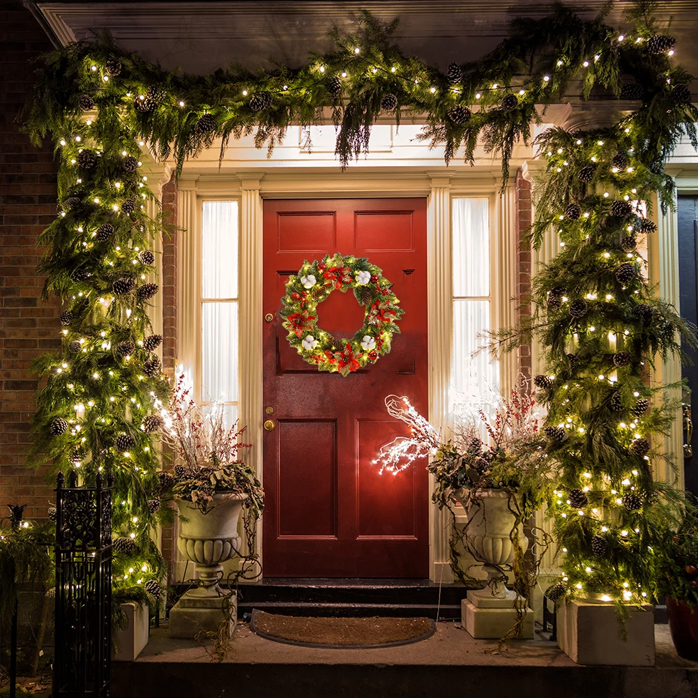 Christmas Hanging Garlands Artificial 40CM Garland Decoration with Spruce Pine Cones Berry Ball PVC Light Up for Indoor Outdoor