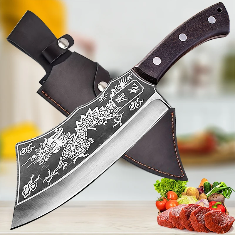 Forged Kitchen Chef Knife High Carbon Steel Meat Vegetable Slicing Knife Professional Butcher Chop Bone Cleaver Knife with Cover