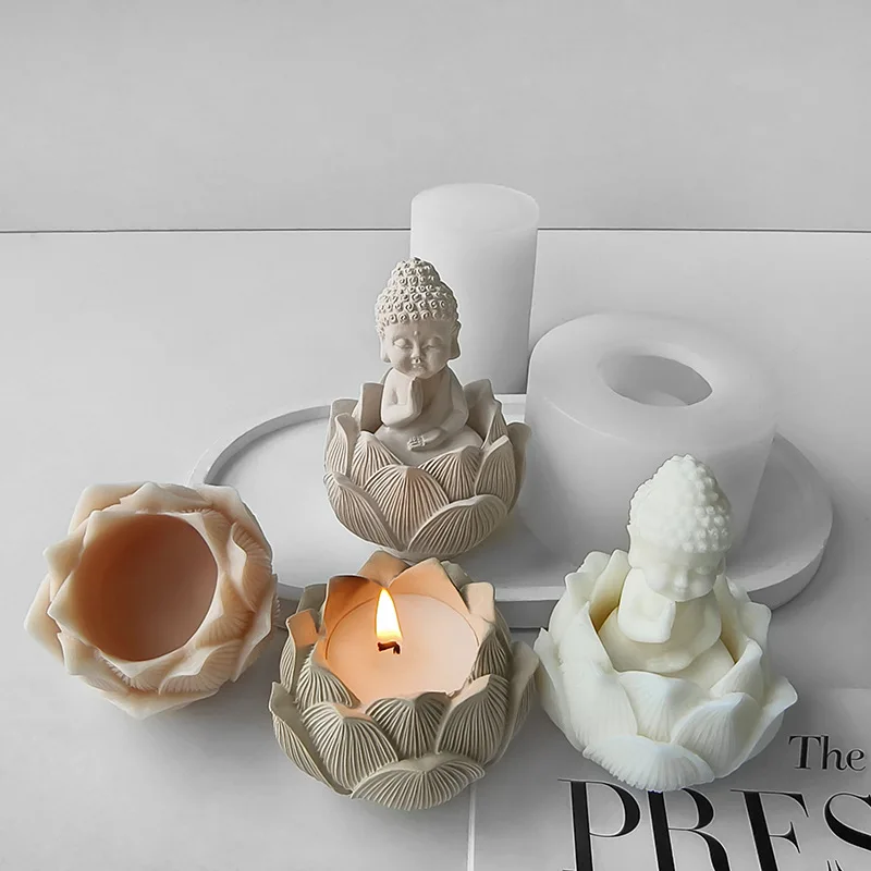 3D Lotus Candlestick Buddha Silicone Mold Handmade Aroma Candle DIY Buddha Plaster Ornaments Mold Home Decor Crafts Mould