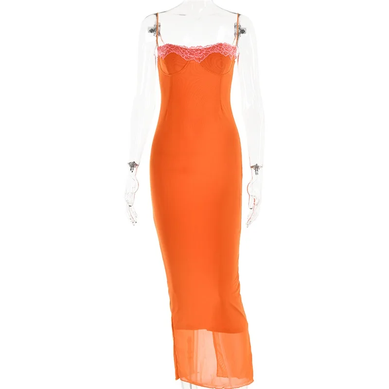 Vestido de noche naranja Sexy para mujer, vestido de sirena sin mangas con correa de encaje rosa, vestido de fiesta de graduación, bata informal para niña, vacaciones en la playa