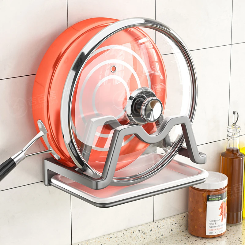 

Kitchen Punching Free Pot Lid Rack Gun Ash Wall Mounted with Draining Tray Dish Cutting Board Household Kitchenware Storage Rack