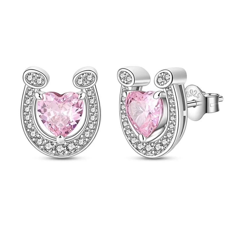 New 925 Sterling Silver Pink Zircon Horseshoe Women Earrings Brilliant Wedding Engagement Star Earrings Jewelry Gift