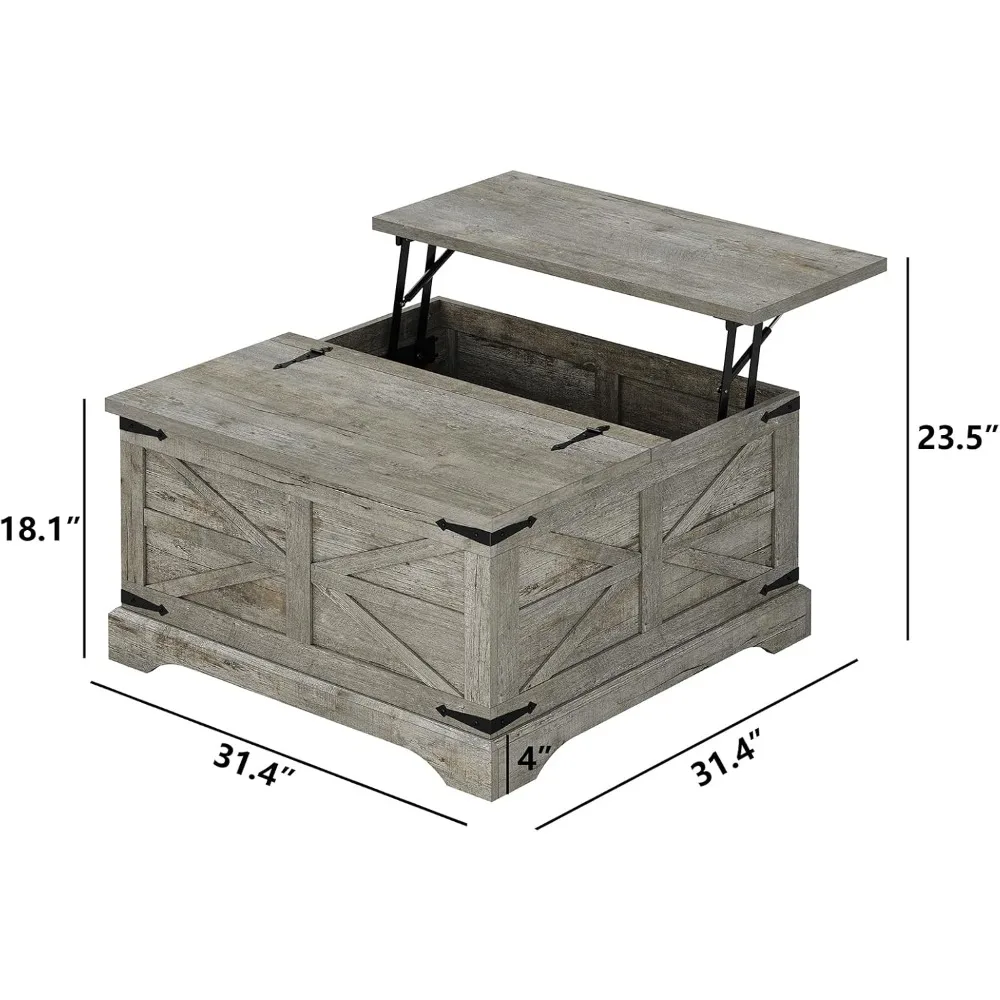 Lift Top Coffee Table with Hidden Storage, Square Wooden Center Table for Living Room, Large Storage Compartment, Rustic Style