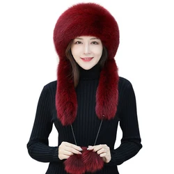 2022 100% Real Fur Winter Hat Scarf Fox Hat Women Russian Ushanka Aviator Trapper Snow Ski Hat Earflap Caps Raccoon Fur Hats