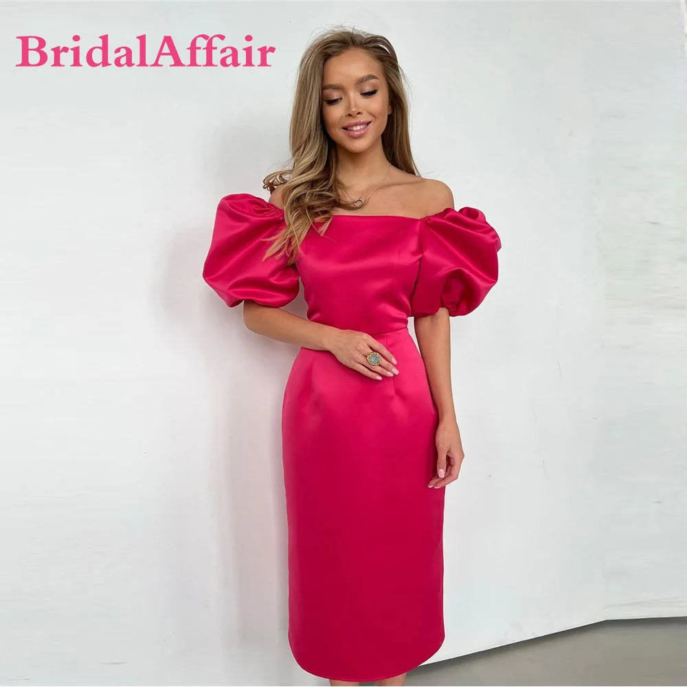 

BridalAffair Simple Satin A Line Evening Prom Dresses Strapless Puff Short Sleeves Tea Length Arabic Women Party Cocktail Gowns