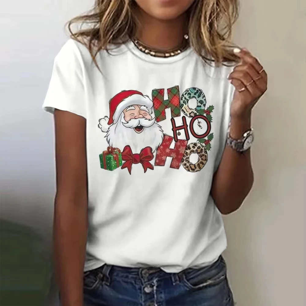 

Funny Santa Claus Printed Women's T-Shirts Fashion New Year Christmas Short Sleeve Casual O-neck Loose Tops Ladies X'mas Tees