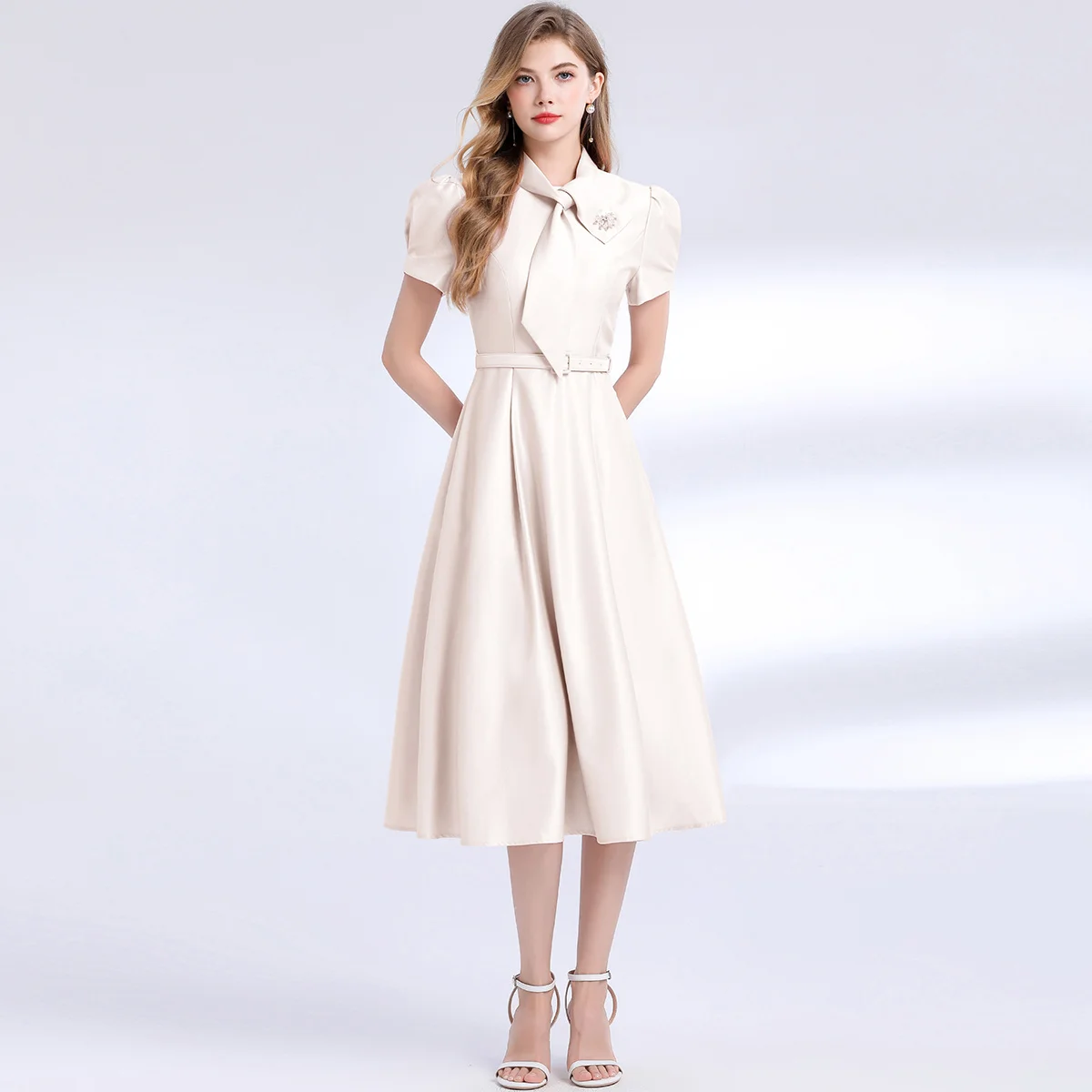 Elegant Temperament Satin Women's Dress New Fashion Solid Bow collar Beaded Slimming Waist Party Dresses