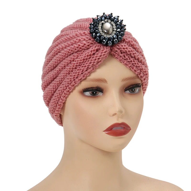 Women Hat Knitted Turban Muslim Chemo Cap Underscarf Rhinestone Headwrap Bonnet Covers Hair Bandanas Head Scarf Beanie India Cap