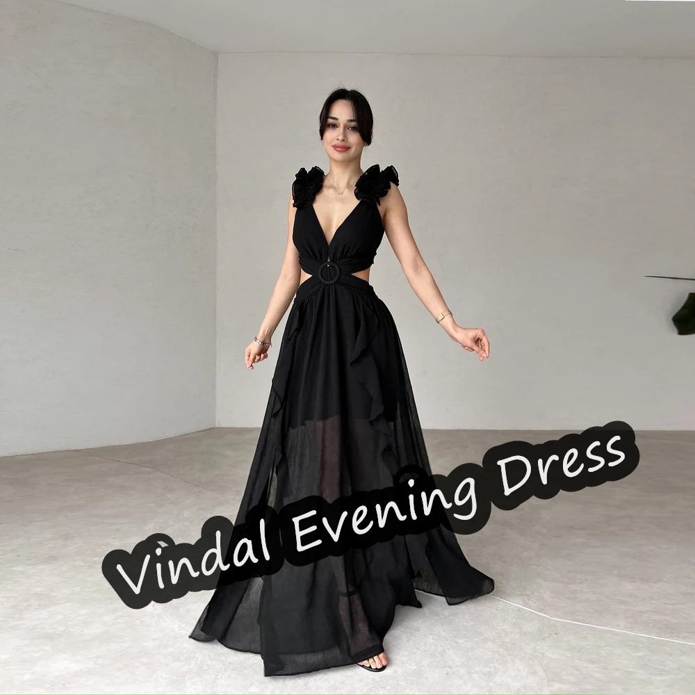 

Vindal V-neck Evening Dress Floor Length A-Line Elegant Built-in Bra Chiffon Sexy Saudi Arabia Short Sleeves For Woman 2024