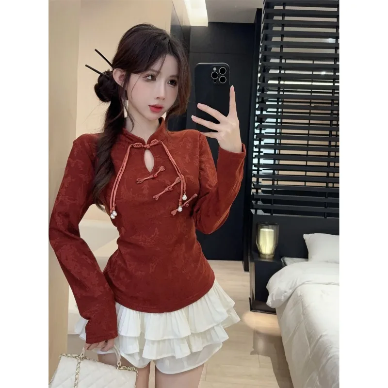 قميص شيونغسام للنساء تشيباو التقليدية الصينية مشبك شيونغسام قميص الخريف بأكمام طويلة قميص قاعدة حمراء الطبقة الداخلية