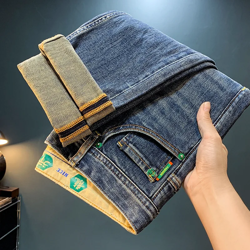 

High quality fashion wash jeans for men 2024 men's new fall wear trendy printed nostalgic stretch slim denim casual pants