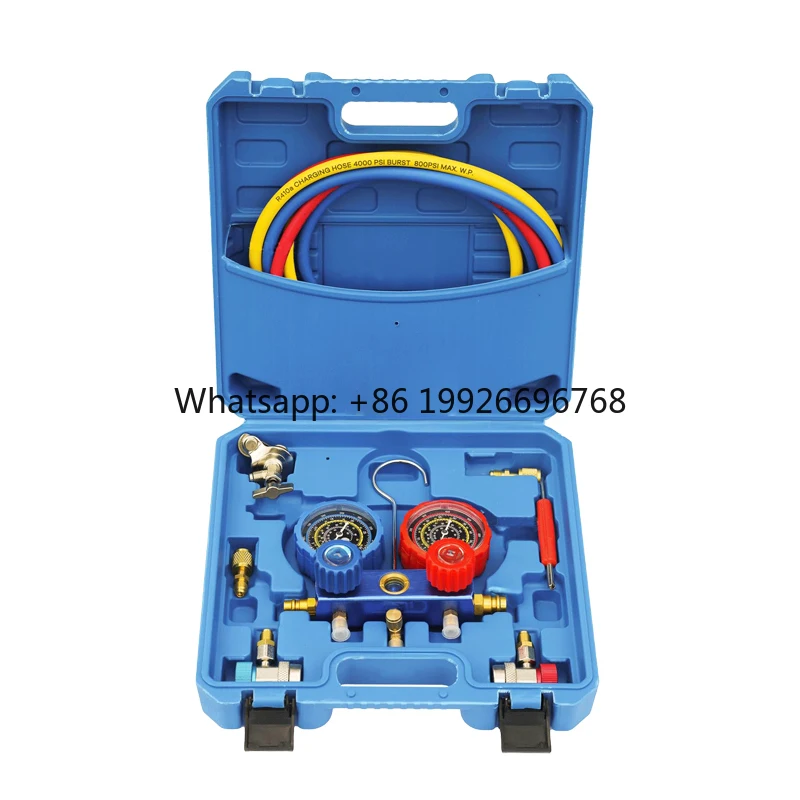 

Refrigeration Manifold Gauge Set R22 R404 R410 With 3 Hoses 2 R134 Quick Coupling Adapter 2 R134-R410 Adapters 1Gas Can Valve