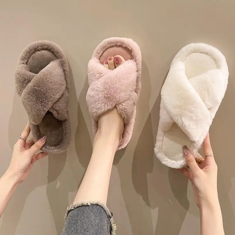 Casual Fluffy Slippers Women House Flats Plush Designer Platform Winter Shoes Girls Elegant Warm Home Fashion Popular Footwear