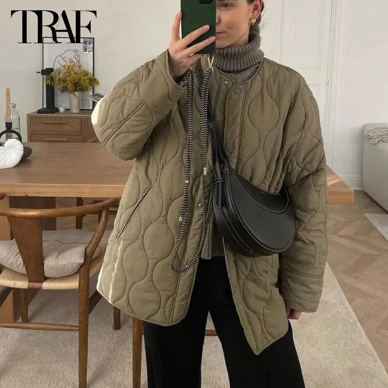 TRAF 2025 Quilted Jacket Women Parkas Long Sleeve Padded Coat Woman Warm Winter Woman Coats Casual Demi-season Jackets for Women