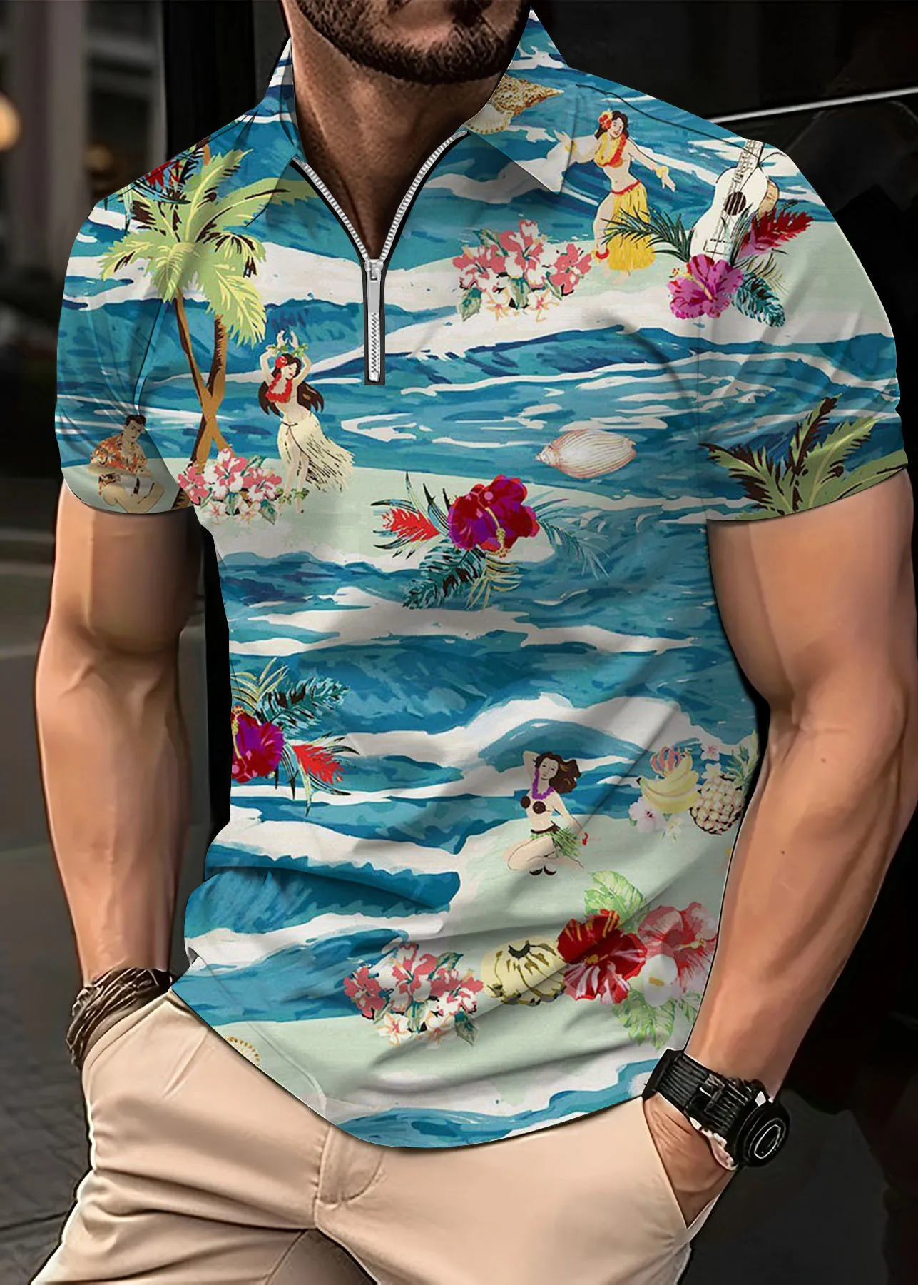 Hawaiian refreshing social print shirt for men's 3D Camisas Casuais printed slim fitting men's casual short sleeved clothing