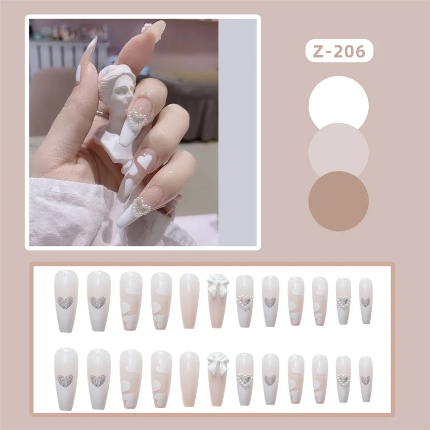 24Ps/Set White Design Pearl Removable Press on Nail Full Cover Medium Length Acrylic Wearing False Nails Fashion Fake Nails Tips