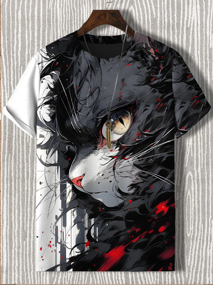 Fashion Swordsman Cat O-Neck T-shirts Men Short Sleeve Casual Stylish T shirts Japanese Style  Comfortable Tee For Men