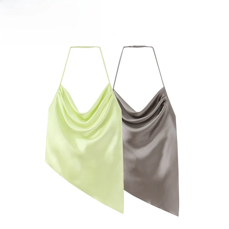 Fashionable Silk Satin Women's Top Collarless Vest Versatile Quality New Arrival Summer 2026 Polyester Fiber Short Length