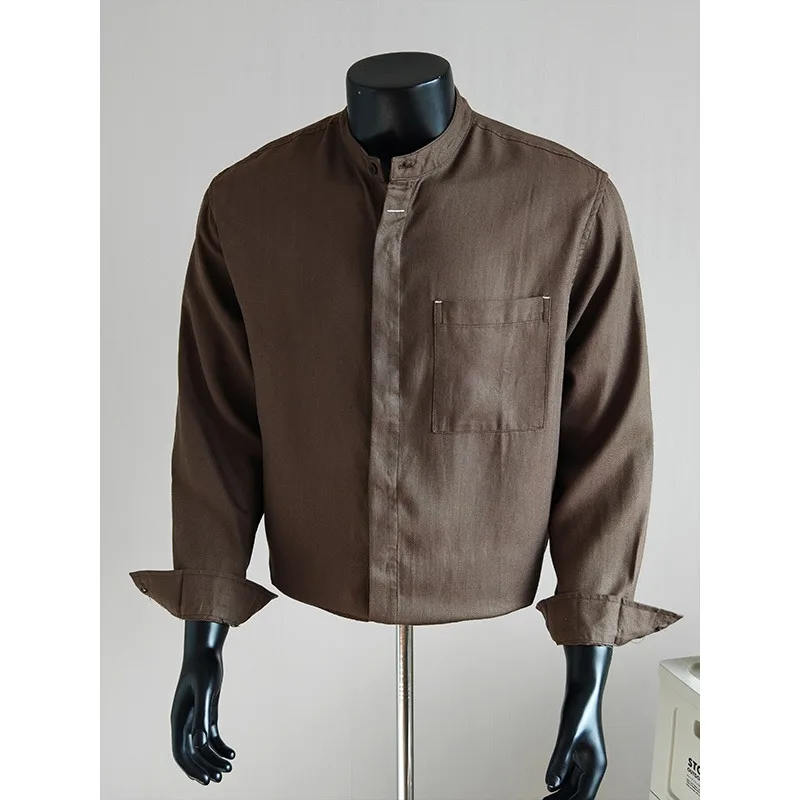 Lyocell Linen Stand Up Collar Long Sleeved Shirt for Men Solid Color Business Social Formal Dress Shirts Streetwear Men Clothing