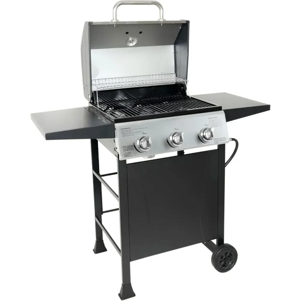 Outdoor BBQ Propane Gas Grill with Side Burner, Lid, Wheels, Shelves, Bottle Opener, and 3 Burners, for Outdoor Barbecue Cookin