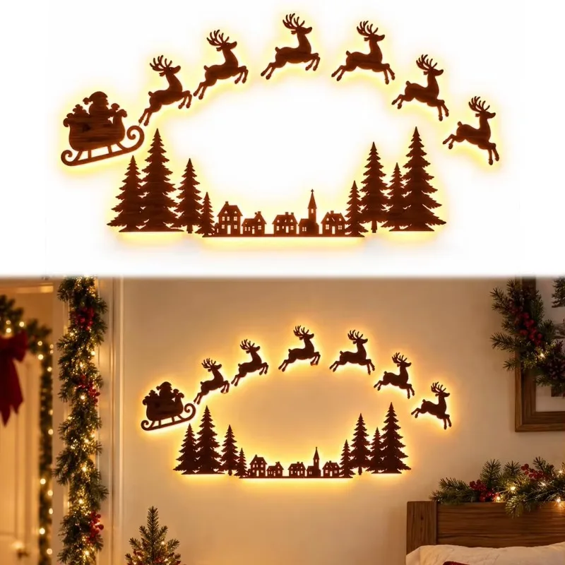 Lighted Santa Sleigh Reindeer Christmas Wall Decor Remote Set, Warm White Glow, Wooden Cutout Design, Flexible Layout