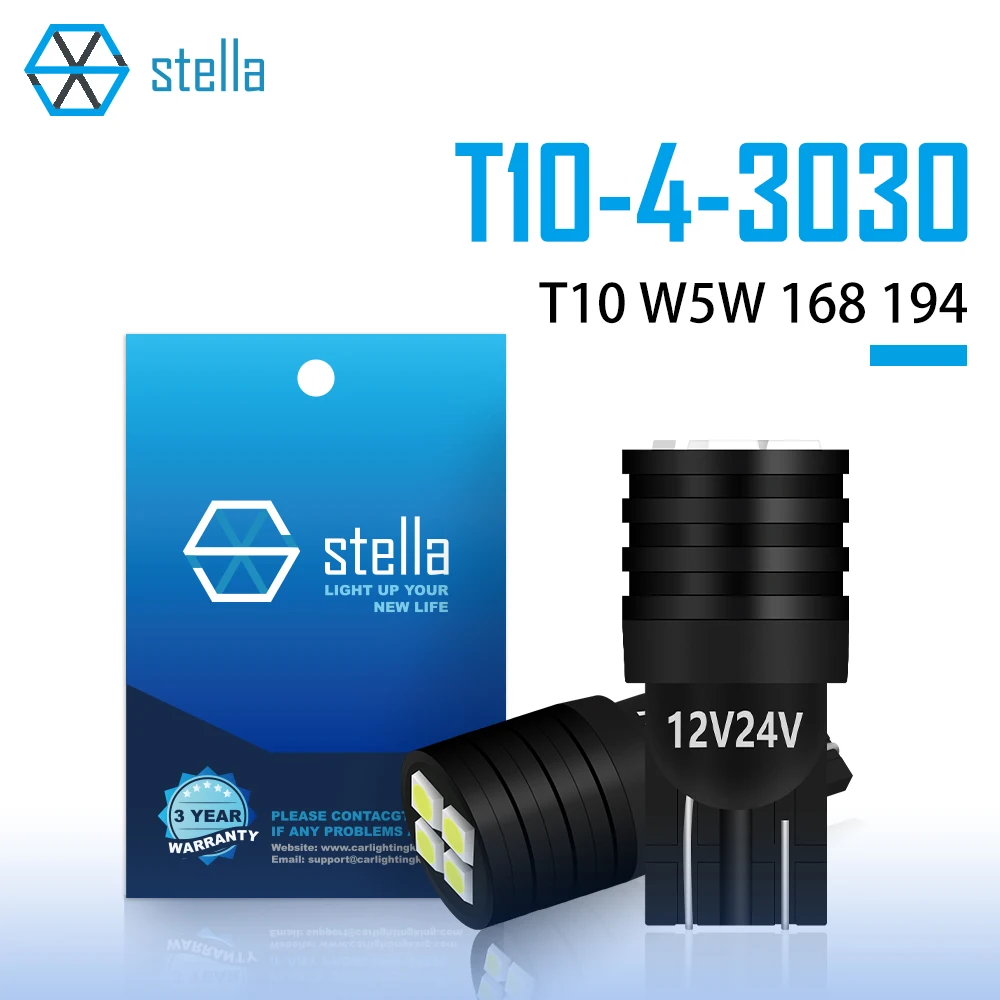 Stella 2pcs T10 LED Bulb W5W Auto Signal Lamp 4*3030 Chips White/Ice Blue Canbus Light for 12V/24V Car Interior Light Dome Lamp