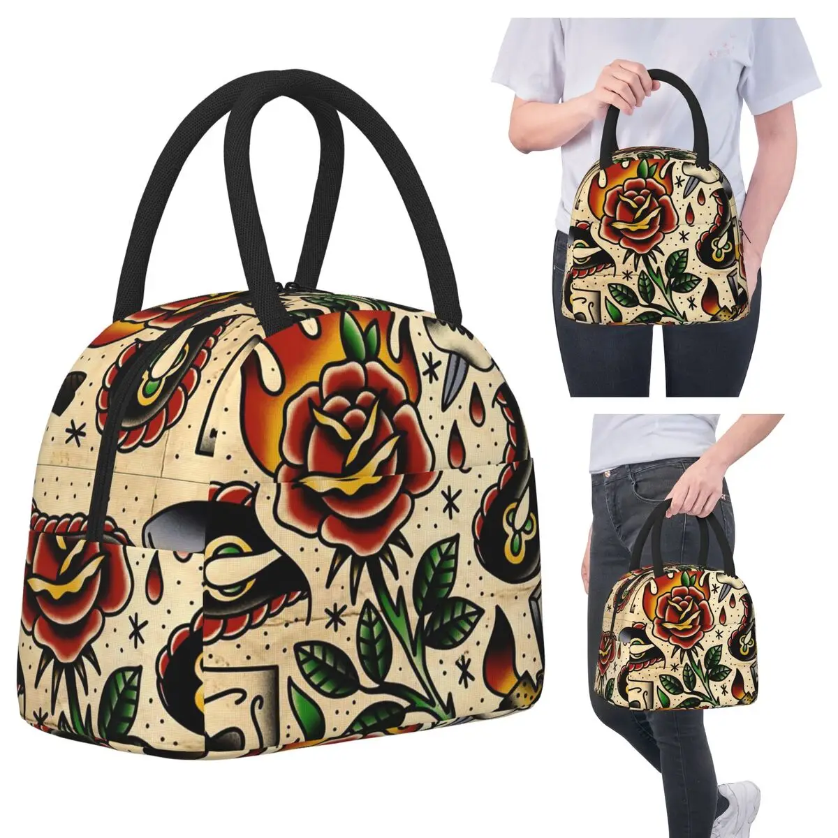 

American Traditional Flash Pattern Tattoo Insulated Lunch Bag for Kids School Cooler Thermal Food Box Tote Portable Lunch Boxes