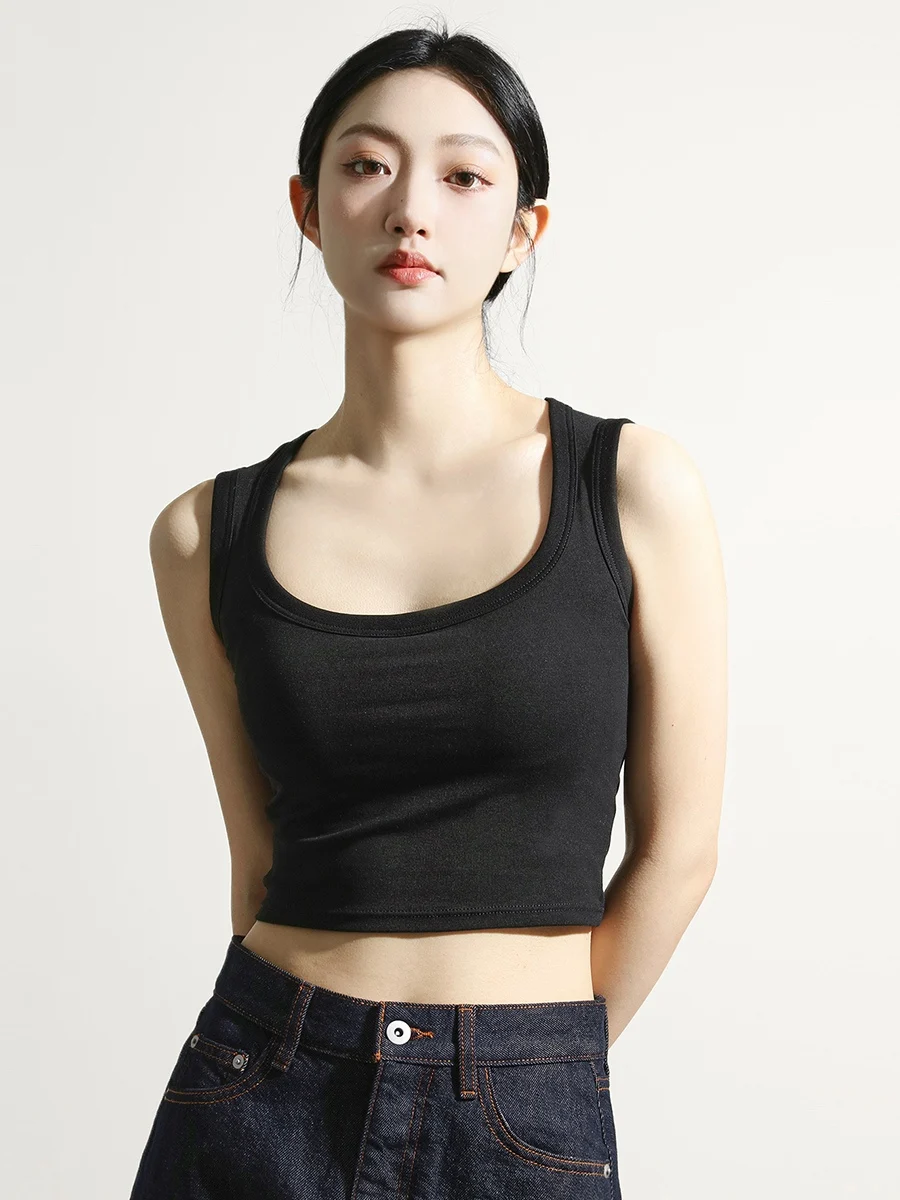 

Mulan Summer 2025 New Wide Strap Vest Covering Side Breast ort Cotton Blend Knitted Tank Top T857 Commute Sle Pure Color