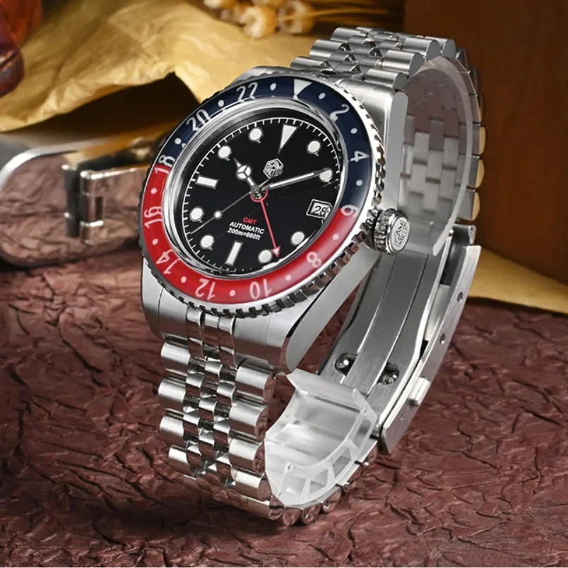 

Мужские часы San Martin GMT, 40 мм, автоматические механические наручные часы для дайвера, 20 АТМ, водонепроницаемые, BGW-9, светящийся сапфировый безель, 4 стрелки, NH34