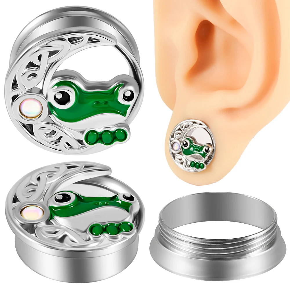 2PCS Stainless Steel Frog Earrings Ear Expanders Piercing Flash Film Ear Tunnels Internal Thread Double Flared Earplugs Piercing