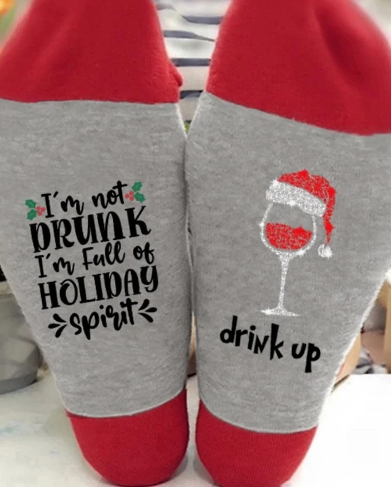 Christmas Socks for Women Autumn and Winter Medium Tube Cotton Personalized Red Wine Cup Cute Breathable Socks New Year