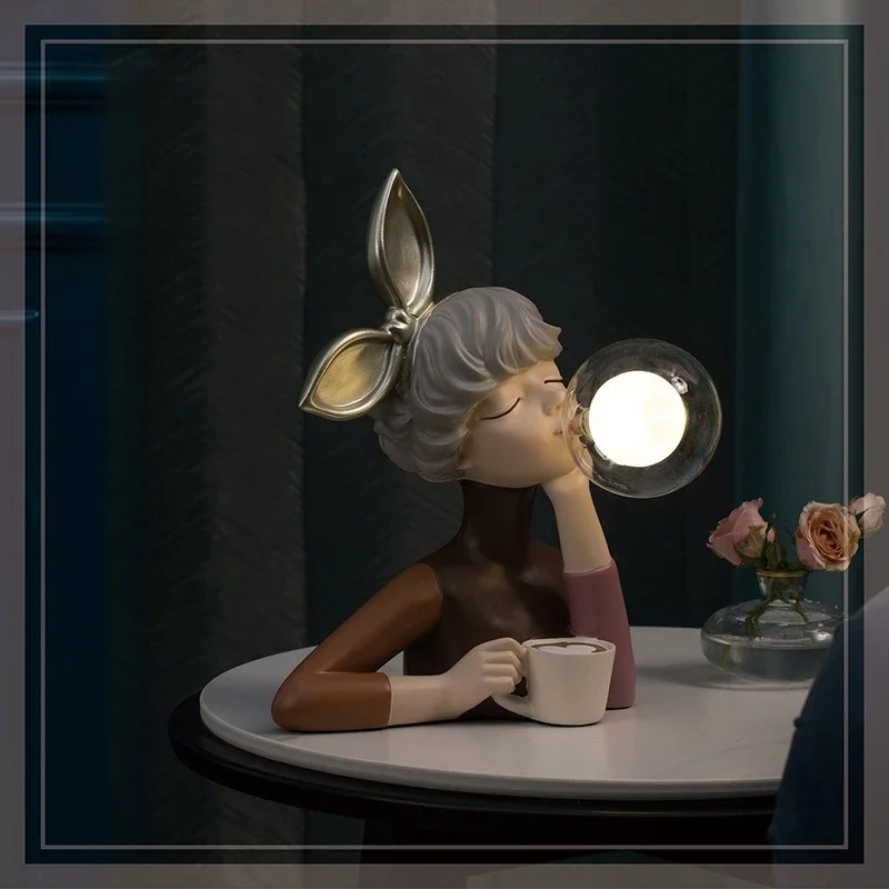 Cartoon Bubble Girl Night Light Statue Sculpture Nordic Bedside Figures Home Decor Atmosphere Lamp Creative Gift for Room