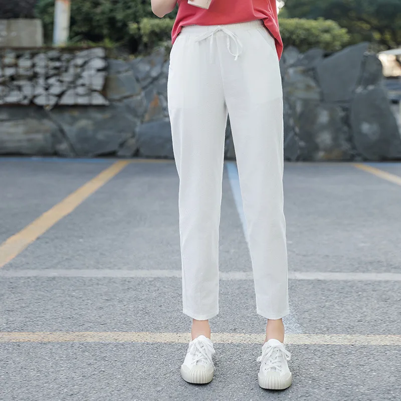 Women\'s Pants Summer Autumn Cotton Trousers Casual Harem Pants Solid Loose Ankle Length Pants Korean Ladies Elastic Pocket Pant