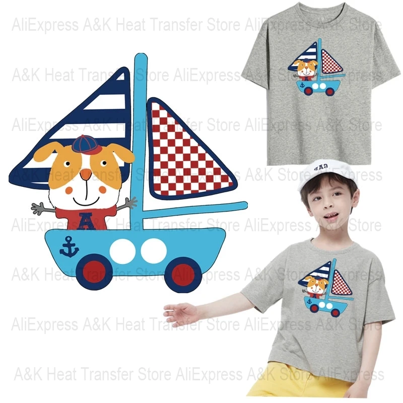 Kid's Iron on Transfers Patches Cartoon Cat Sailboat Heat Transfers Sticker On Clothes Child T-shirt Diy Decals Fusible Patch